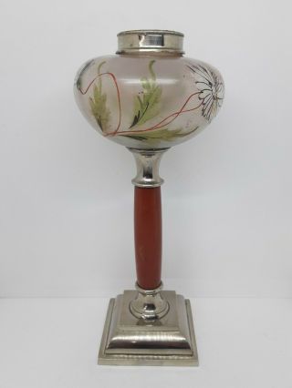 Antique French Floral Decorated Stand Oil Lamp Signed Chrome And Red Stone Base