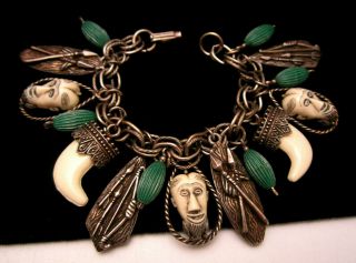 Rare Vintage 7 " X1 - 1/2 " Selro African Face Mask Tooth Arrow Charm Bracelet A60