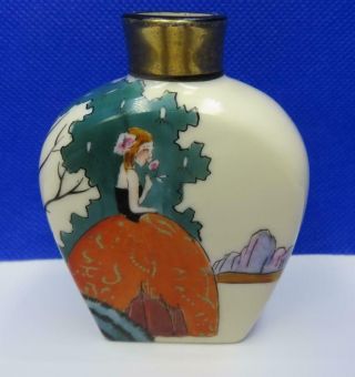 Rare Antique Noritake Perfume Bottle W/pretty Lady Holding Flowers M In Wreath