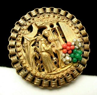 Rare Vintage 2” Signed Miriam Haskell Goldtone Asian Theme Brooch Pin/pendant