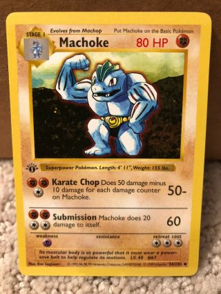 1999 Pokemon Game 1st Edition Shadowless Base Set Machoke 34/102 Uncommon