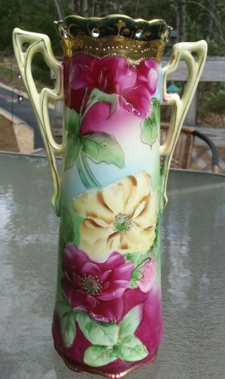 Antique Nippon Hand Painted Handled 9.  25 " Vase Large Pink Yellow Flowers Gold
