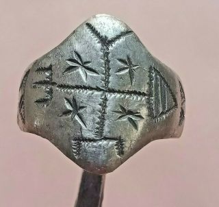 Scarce Ancient Byzantine Crusaders Silver Seal Ring With Heraldic Monogram 9.  5 G