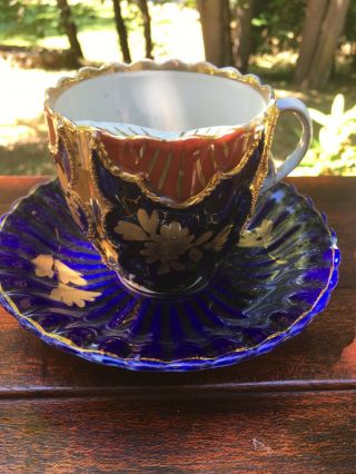 Mustache Tea Cup & Saucer Germany Cobalt Blue Gold Trim