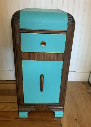 Refab Art Deco Night Stand Teal Yellow Wood Painted Distressed 27 " H X 16 " D X 13
