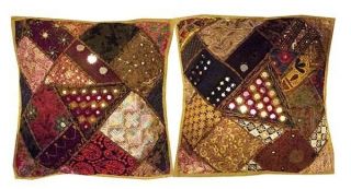 16 " - 2 Brown Kutch Tribal Banjara Mirror Throw Floor Accent Cushion Pillow Covers