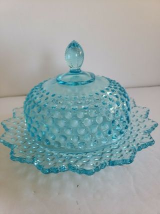 Fenton Blue Opalescent Hobnail Round Butter Dish With Lid Very Rare