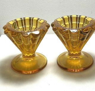 Rare Mid Century Vintage Viking Glass Amber Candlestick Candle Holder Set Of 2