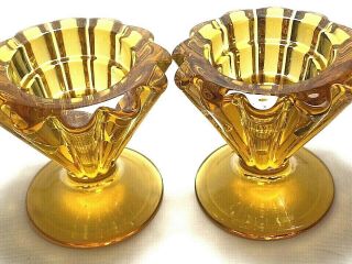 Rare Mid Century Vintage Viking Glass Amber Candlestick Candle Holder Set Of 2 2