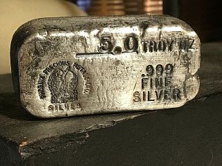 Rare 5 Oz.  999 Silver Bar,  Phoenix Precious Metals Ltd,  Vintage Old Poured Bar