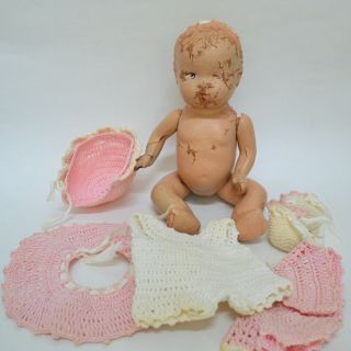 Vintage Composition Baby Doll 8 " Needs Major Repair Pink Hand Crochet Outfit