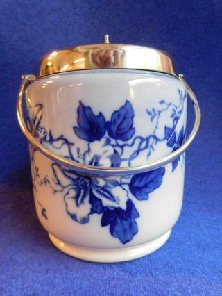 Gorgeous Antique English Flow Blue Porcelain Biscuit Barrel Silver Lid 1890s