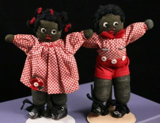 Set Homemade Vintage Cloth Black Americana Rag Dolls Boy & Girl Ooak Aa Twins 6 "