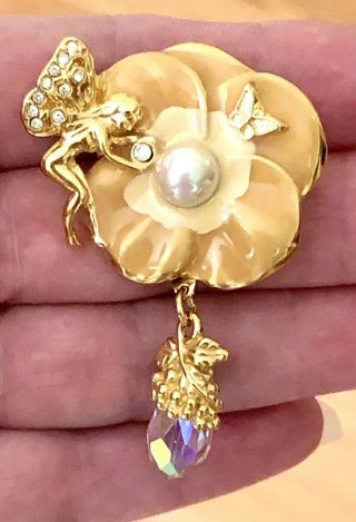 Vintage Kirks Folly “morning Glory” Flower Fairy Pin Enamel,  Crystal,  Pearl Rare