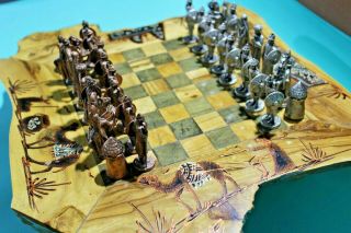 Rare Handmade Vintage Chess Set Made Of Natural Wood And Metal Figures