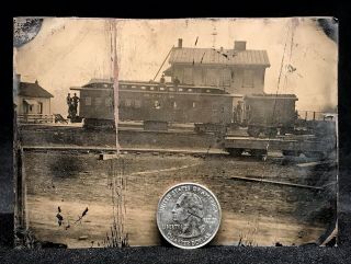 Rare 1/4 Plate Tintype - K.  C.  15 Railroad Cars & Depot - Men On Train - Wow