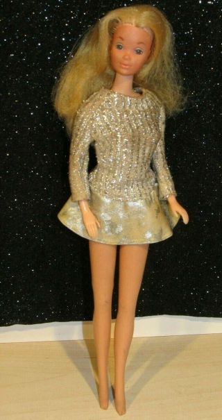 Htf Vintage Pj Barbie Doll 1971 W/ Steffie Face Brown Eyes Blonde In Dress