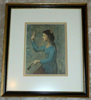 Vintage Framed Print Of Woman With A Fan By Picasso Girl W/ Long Dark Hair