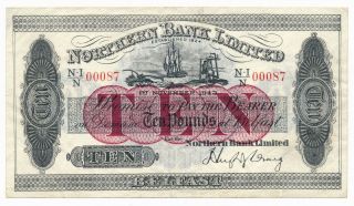 Ireland Northern Bank Ltd 10 Pounds £10 1943 Vf,  Rare Note P.  181 Low 00087