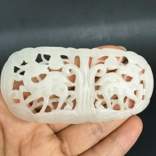 Chinese Antique White Jade Hand Carved Hollow Out Deer Plaque Pendant