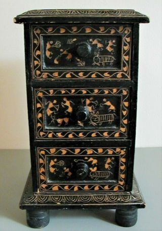 3 Drawer Miniature Eastern Paint Decorated Wood Chest