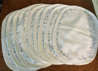 Vintage Antique Linen Hand Embroidered Set Of 9 Placemats Blue Floral Bows White