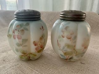 Pr.  Antique Mt Washington 3,  " Satin Glass Hand Decorated S&p Table Shakers