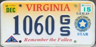 2015 Virginia Military Veteran Gold Star License Plate Rare