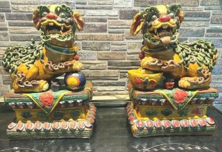 Antique Rare Pair Chinese Hand Made Glazed Temple Foo Dogs 19th Century