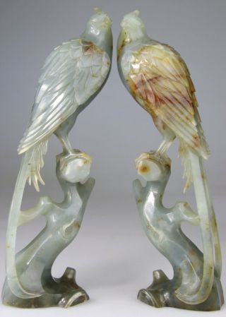Antique Rare Chinese Pair Statue Figure Serpentine Jade Birds Carved - Qing 19th