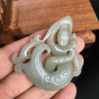 Antique Chinese Hand Carved Jade Hollow Out Mermaid Statues