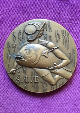 Antique And Rare Bronze Medal Of S.  L.  B.  Underwater Fishing