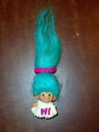 Vintage Scandia 1964 Hi Pencil Topper Pin Troll Doll Turquoise Mohair Green Eyes