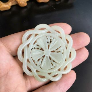 Antique Chinese Hand Carved Jade Flower Round Pendant
