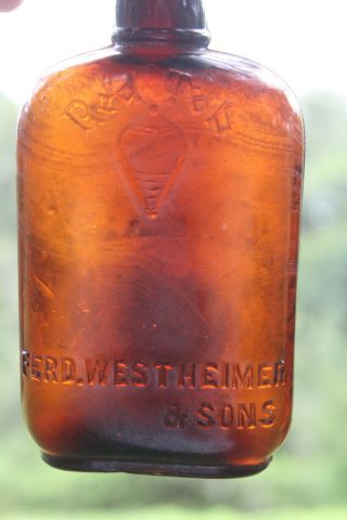 Red Top Ferd.  Westheimer & Sons Whiskey Flask Bottle Amber Rare