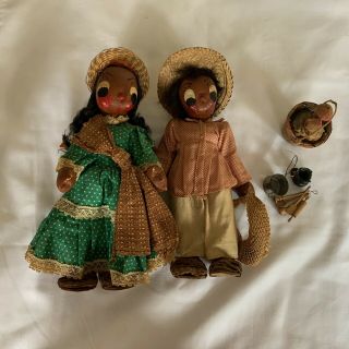 Vintage Mexican Hand Painted Dolls Man Woman Baby Cloth Straw Folk Art