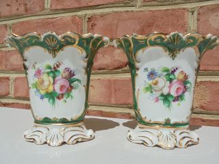 Pair Antique Old Paris Style Porcelain Hand Painted Vases Floral Bouquets