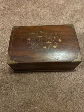 Vintage Wooden Box With Decorative Brass Inlay Design 9.  5x6.  5