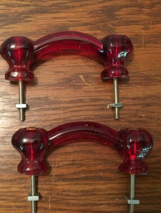 Set Of 2 Vintage Red Glass Cabinet Pull Drawer Handles
