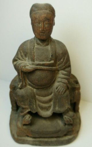 Antique Chinese Wooden Sitting Buddha Painted Wood 6 " Hand Carved Buddhist