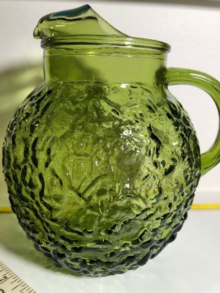 Vintage,  Fairly Rare Shape Large Anchor Water Pitcher Avocado Green Clumcy Glass