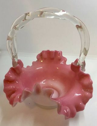Vintage Fenton Pink,  White,  And Clear Ruffled Crimped Art Glass Mini Basket 7”