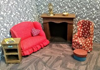Vintage Dollhouse Living Room Furniture Set Plus Accessories Fire Sofa Clock