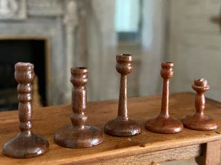 Vintage Miniature Dollhouse Signed Set Wooden Hand Carved Candlestick Holders