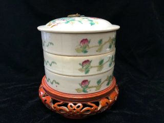 Antique Chinese Famille Rose Porcelain Stacking Box Covered Bowls On Teak Stand