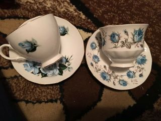 Queen Anne Teacup & Saucer - Blue Roses Vintage Floral Porcelain Gold Hint