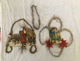 Antique German Christmas Scrap And Tinsel Ornaments: Santa/sleigh And Children