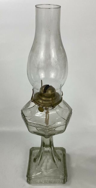 Repair - Antique Greek Key Pattern Oil Lamp Complete W/ Burner & Chimney 18.  75 "