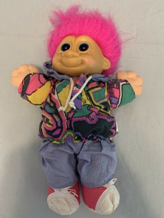 Russ Berrie Troll Doll 10 " Hot Pink Hair Wind Jacket Running Suit 2404 Vintage