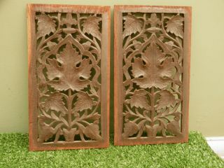 Pr 19thc Black Forest Oak Carved Panels With Oak Leaf & Pierced Decor